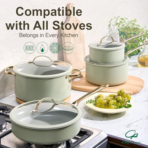 Ceramic Cookware Sets (Sage Green / 10 Pcs Set)
