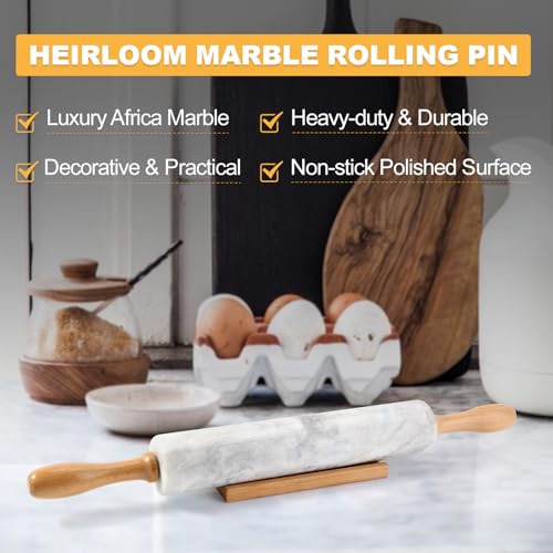 African Natural Marble Rolling Pin (White and Grey Marble with Pastry Mat)
