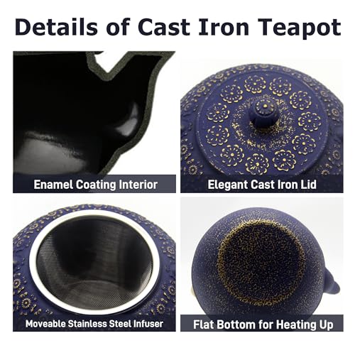 33.8oz Small Cast Iron Tea Kettle for Stovetop (Blue Cherry Blossom Pattern, 1000ml/34oz)
