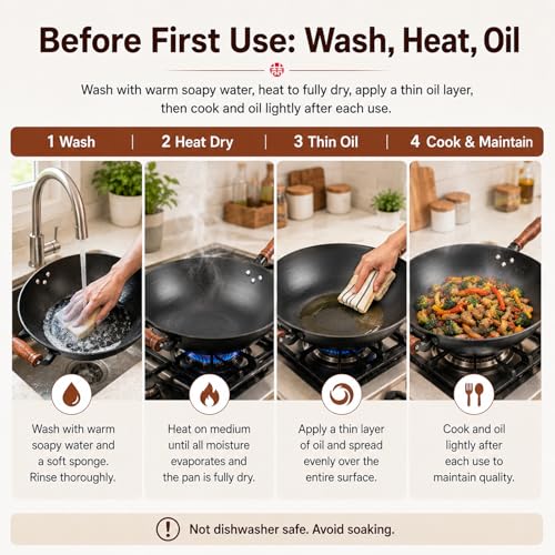 14.2 Inch Cast Iron Wok with Wooden Lid & Handle (14.2 Inch)