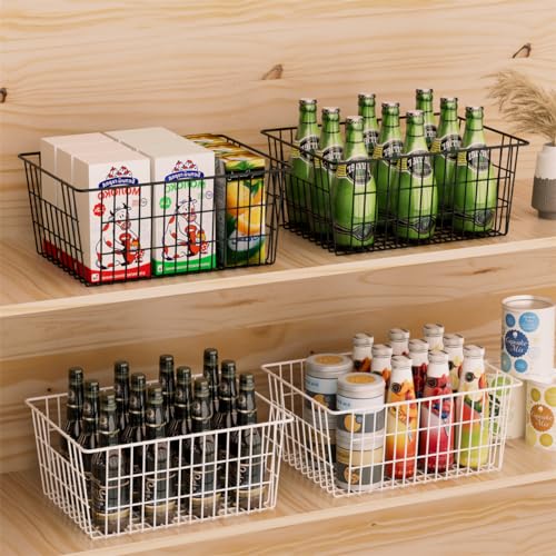 Large Freezer Baskets Metal Storage Organizer Bin Basket Wire Storage Basket for Kitchen Pantry Bathroom Large Metal Farmhouse Food Fruit Produce Organizer Bins (3-P / Black)