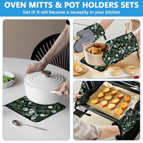 Botanical Print FloralOven Mitts and Pot Holders Sets Heat Resistant 4Pcs Potholders Oven Gloves Hot Pads for Kitchen Baking Cooking Grilling BBQ (Botanical Print Floral)