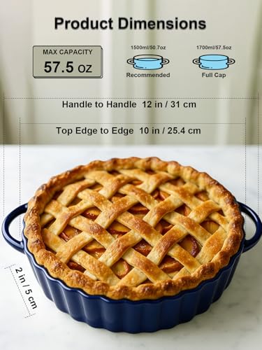 10×2in Deep Ceramic Pie Pan with Handles for Pie Quiche Tart Baking. Easy to grip (Blue / 10IN*2IN)