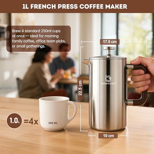 1L 34 Oz French Press Coffee Maker (Silver-Upgrade)