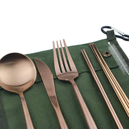 Portable 6 Pieces Flatware Set (Green Pouch / Rose Gold)