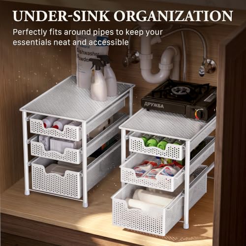3 Tier White Alloy Steel Sliding Basket Organizer Drawer Cabinet (3-Tier / White)