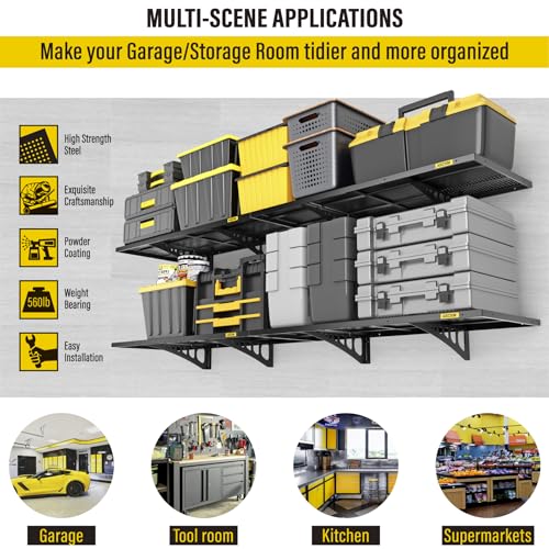 4 Pack 1.64x4ft Adjustable Garage Wall Shelving 1120lbs Load Capacity Heavy Duty Wall Mounted Storage Shelf Metal Floating Shelves for Garage (4pack-1.64x4ft / Black)