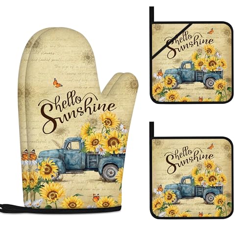 Sunflower Oven Mitts and Pot Holders Sets Vintage Floral Oven Gloves Heat Resistant 4 Pcs Farmhouse Decorative Kitchen Hot Pads and Mitts for Baking Cooking Grilling (Yellow Blue)