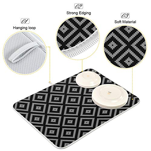Super Absorbent Dish Drying Mat (Black Moroccan Rhombus Plaid / 18" x 24")