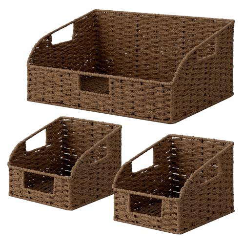 Pantry Storage Baskets (Dark Brown(Paper Rope) / 17"L x 11"W x 7½"H + 2x 7½"L x 9½"W x 6¾"H)