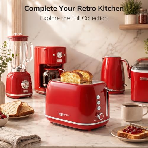 2 Slice Stainless Steel Toaster Retro with 6 Bread Shade Settings (2 Slice / Red)