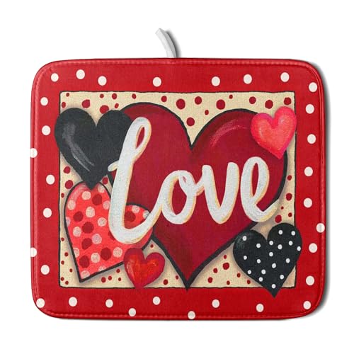 Love Heart Dish Drying Mat 16"x18" Red Dots Microfiber Dish Rack Mat Holiday Absorbent Fast Dry Draining Pad for Kitchen Counter Bar Sinks (Love Heart / 16" x 18")