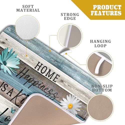 Daisy Floral Dish Drying Mat 16x18 Inches Rustic Wood Microfiber Absorbent Reversible Dish Draining Pad Fast Dry Kitchen Accessories (Home Happiness Wood / 16" x 18")