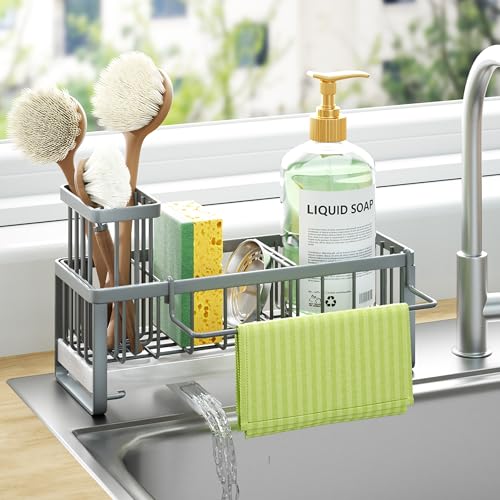 Sponge Holder for Kitchen Sink (Gray / with Dishcloth Holder)