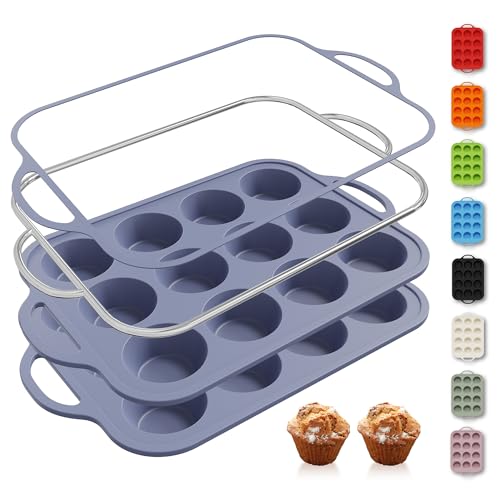 2 Packs 12 Cups Silicone Muffin Pan with Metal Reinforced Frame Regular Size Cupcake Pan Tray Egg Bites Silicone Circle Cookie Molds Muffin Tin Tart Pans Baking Sheet Set for Breakfast Sandwiches (2pc: 12-Cup Regular / Morandi Blue)