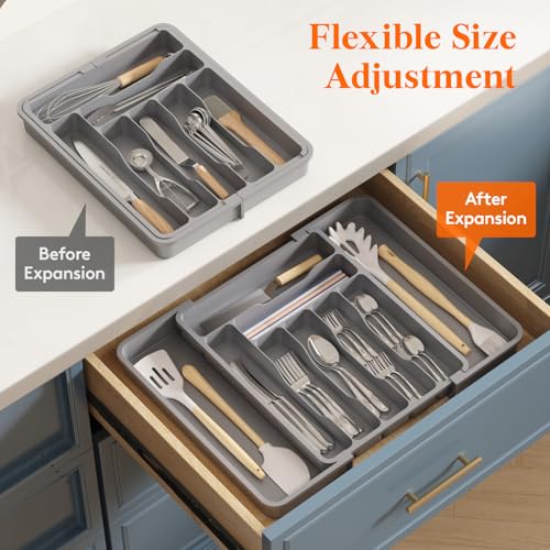 Expandable Silverware Drawer Organizer (Gray / Large Deep（11.8-19.6'W x 15''D）)