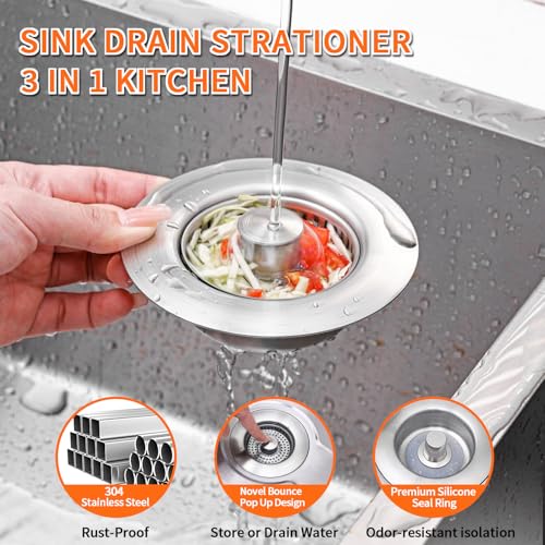 3-in-1 Kitchen Sink Drain Strainer & Sink Stopper 2 Pack - 304 Stainless Steel Sink Drain Strainer, Pop-Up Anti-Clog Design, Fits Standard 3-1/2'' Sink Drains (Sus304 Brushed 2pack)