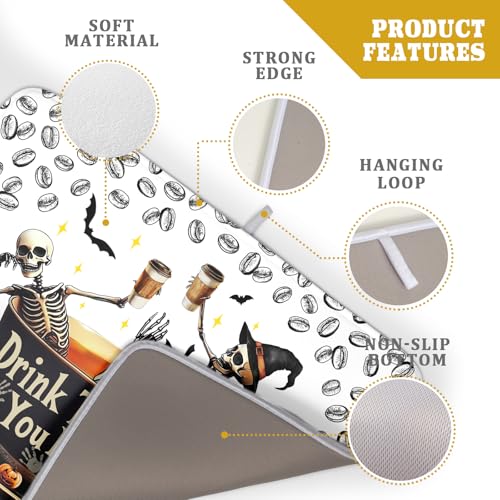 Skull Dead Coffee Dish Drying Pad 18 X 24 in for Halloween Decor (Dead Coffee White / 24" x 18")