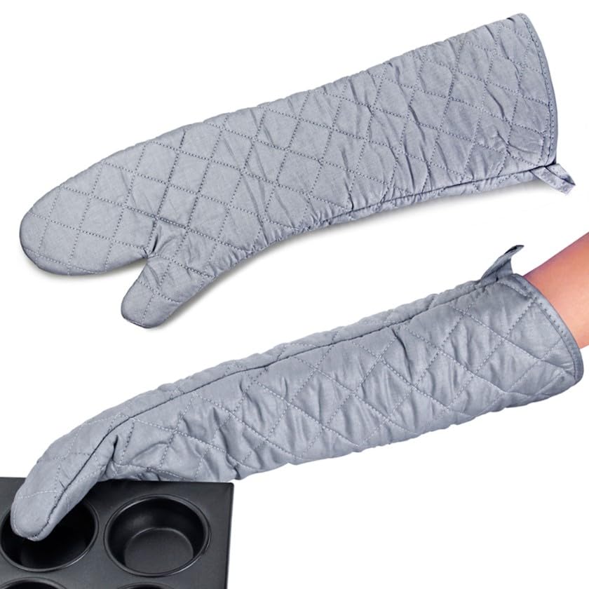 Extra Long 23 Inch Heat Resistant Oven Gloves New Cotton Oven Mitts Kitchen Gloves High Temperature Cooking Tool BBQ Gloves (Silver / 23 Inch)
