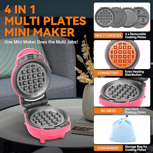 4 in 1 Mini Waffle Maker with Removable Plates (Red)
