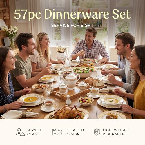 Golden Greek Key Bone China Dinnerware Set (57 Piece Set)