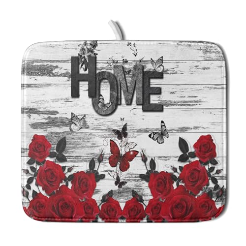 Red Rose Dish Drying Mat 16x18 inch Romantic Floral Absorbent Microfiber Sink Counter Dishware Drainer Pad for Kitchen Coffee Bar Decor (Red Rose / 16 x 18 inch)