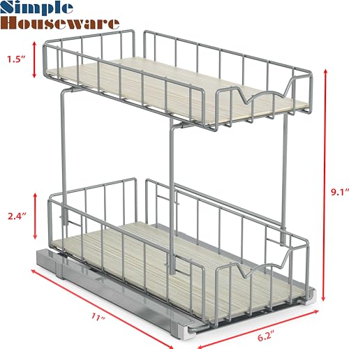 2 Tier Spice Rack Slide Out Wire Basket Drawer (Silver)