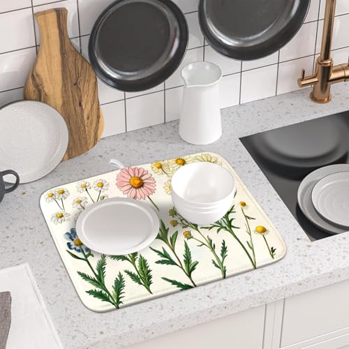 Vintage Wildflowers Dish Drying Pad Daisy Floral Microfiber Drainer Rack for Coffee Bar 16 X 18 Inch (Blossom Daisy 1104 / 18" x 16")