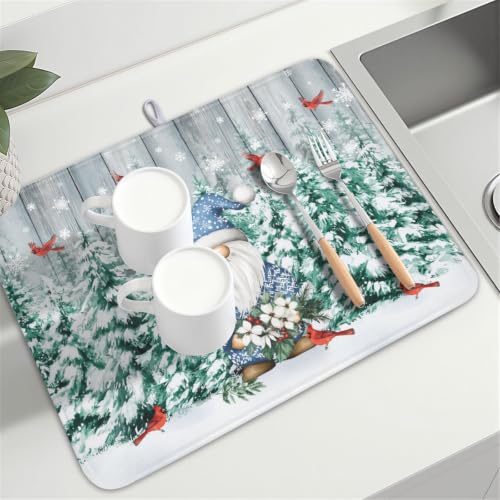 Winter Gnome Dish Drying Mat Pine Tree Dishes Pad 18"x24" Microfiber Absorbent Fast Dry Drainer Rack Mats Protector for Kitchen Countertop (Winter Gnome Bird / 18x24 inch)