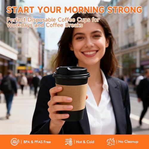 100 Pack 12 oz Disposable Coffee Cups with Lids and Sleeves (Black / 12 oz)