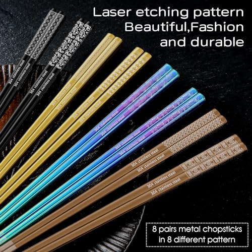 8 Pairs Metal Chopsticks Reusable Multicolor Stainless Steel Chopsticks Set Laser Engraved Non (Multicolor 304 stainless steel)