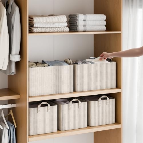 Fabric Storage Bins (Khaki and Beige Stripes / 16 ½" L x 12" W x 10 ¼" H)