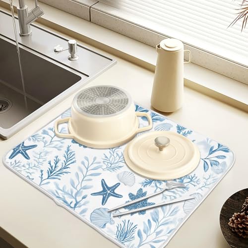 Coastal Sea Star Coral Nautical Dish Drying Mat for Kitchen Counter Absorbent Microfiber Small Drying Pad Dish mats for Kitchen Countertops 16 x 18 Inch (Coastal Sea / 18" x 16")