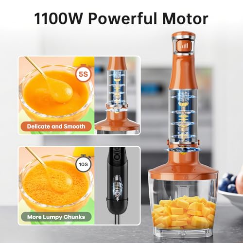 Immersion Blender Handheld Corded Hand Blenders Set 1100W (Orange Brown / 5 in 1)