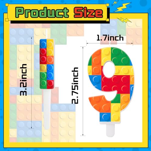 7 Pcs Building Block Themed Birthday Candles Set Building Blocks Number 9 Candle Cake Topper for Building Block Party Decoration Supplies (7 Count)