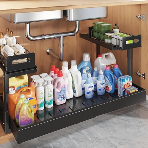 1 Pack-19"-32"W Expandable Under Sink Organizer With Upgrade Ball-Bearing Slide,2-Tier Pull Out Under Cabinet Organizer Height Adjustable,Not Suitable For Cabinets With Partitions In The Middle (1 Pack-19"-32"W / Black)