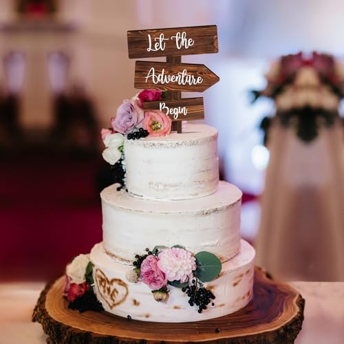 Let the Adventure Begin Cake Topper in Wood Rustic Cake Decoration for Wedding & Baby Shower (Let the Adventure Begin)