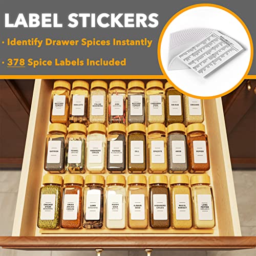 Bamboo Spice Drawer Organizer with 24 Spice Jars