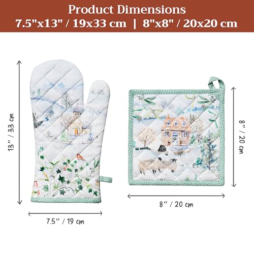 100% Cotton Oven Mitt & Pot Holder Set (104 - Snowy World / 7.5" x 13" & 8" x 8" (Oven Mitt & Pot Holder))