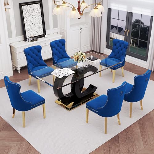 7 Piece Glass Dining Table Set for 6 (Black Table & Gold Blue Chair / 7-Piece Set-OC-Shaped Table)