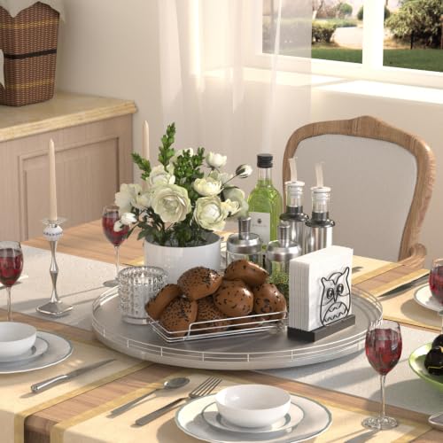 18 Inch Oak Lazy Susan Organizer with Silver Iron Rail (Silver / 18)