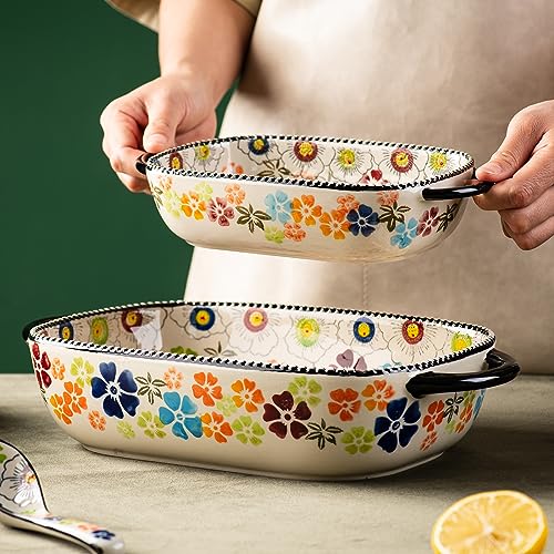 Retro pastoral style Ceramic Baking Dish Rectangular Bakeware Set Baking Pan (Green Traces)