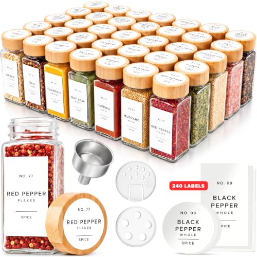 Glass Spice Jars with Label (36x Bamboo Jars White Stickers)