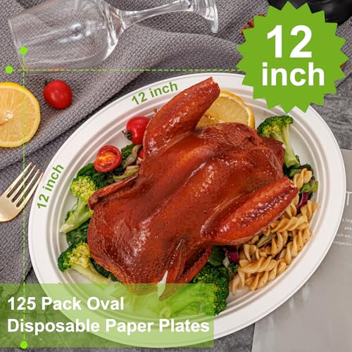 100% Compostable Oval Paper Plates 12 Inch (White / 12Inch（125 PCS）)