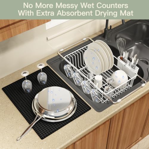 White Expandable Dish Drying Rack Over Sink with Extra Drying Mat (White / For 11.5"-16" W Sink with Cup Holder & Mat)