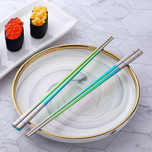 5 Pair Stainless Steel Metal Reusable Rainbow Chinese Square Chopsticks (nice rainbow)