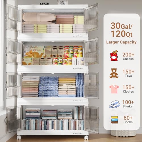 150Gal Stackable Storage Bins with Lids Foldable Boxes (White / 30Gal-5Pack)