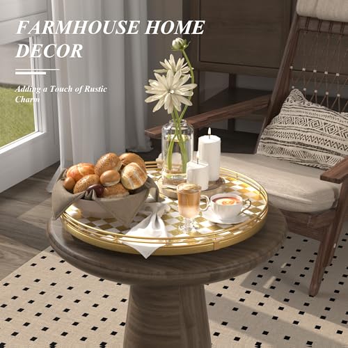 16 Inch Gold and White Checkerboard Lazy Susan with Rubberwood Base (Gold & White / 16 inches)