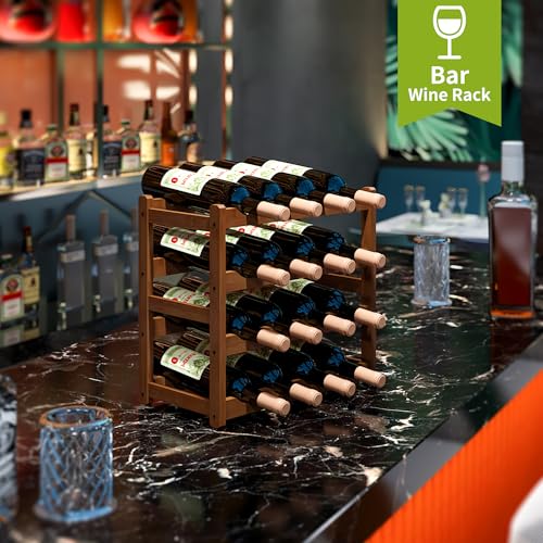Bamboo Wine Rack Wine Storage Cabinet Shelf 16 Bottle Wine Racks Countertop Sturdy for Kitchen Dining Room Pantry (Brown / 4 Tier)