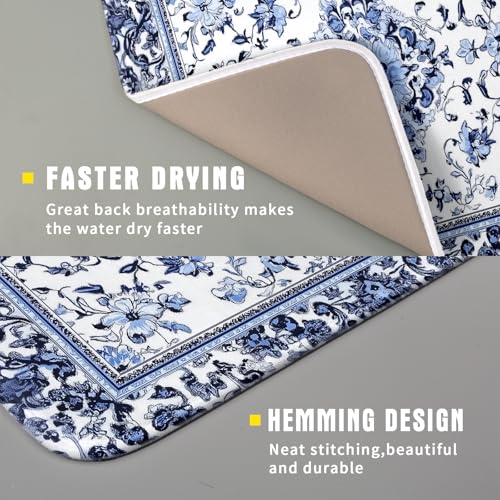 Boho Floral Dish Drying Mat 16x18 Inch Blue Leaves Kitchen Drying Pad Reversible Absorbent Dish Drainer Rack Mats Counter Tableware Decor (Blue Boho Floral / 16" x 18")